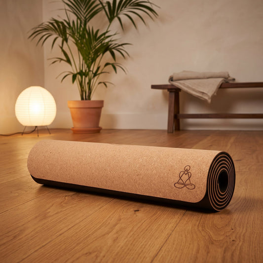 EcoCork Yogamatte aus Naturkork und TPE, 183 × 61 cm, 6 mm, Blume des Lebens: eingerollt mit der Korkseite nach außen auf dem Holzboden eines ruhigen Meditationsraums am Abend – Spirit of Gaia