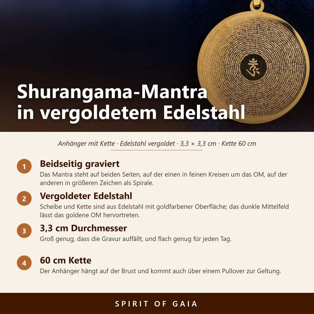 Übersicht zum vergoldeten Mantra Anhänger mit OM: Edelstahl vergoldet, 3,3 cm, Kette 60 cm, beidseitig graviert