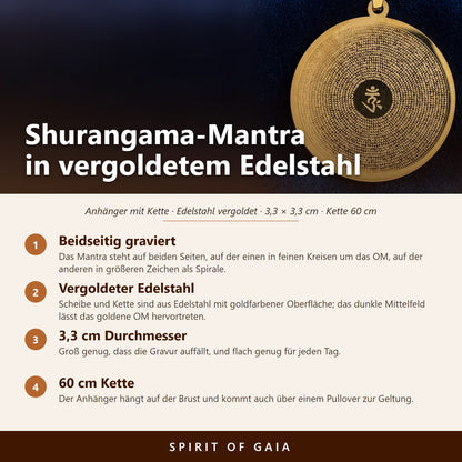 Übersicht zum vergoldeten Mantra Anhänger mit OM: Edelstahl vergoldet, 3,3 cm, Kette 60 cm, beidseitig graviert