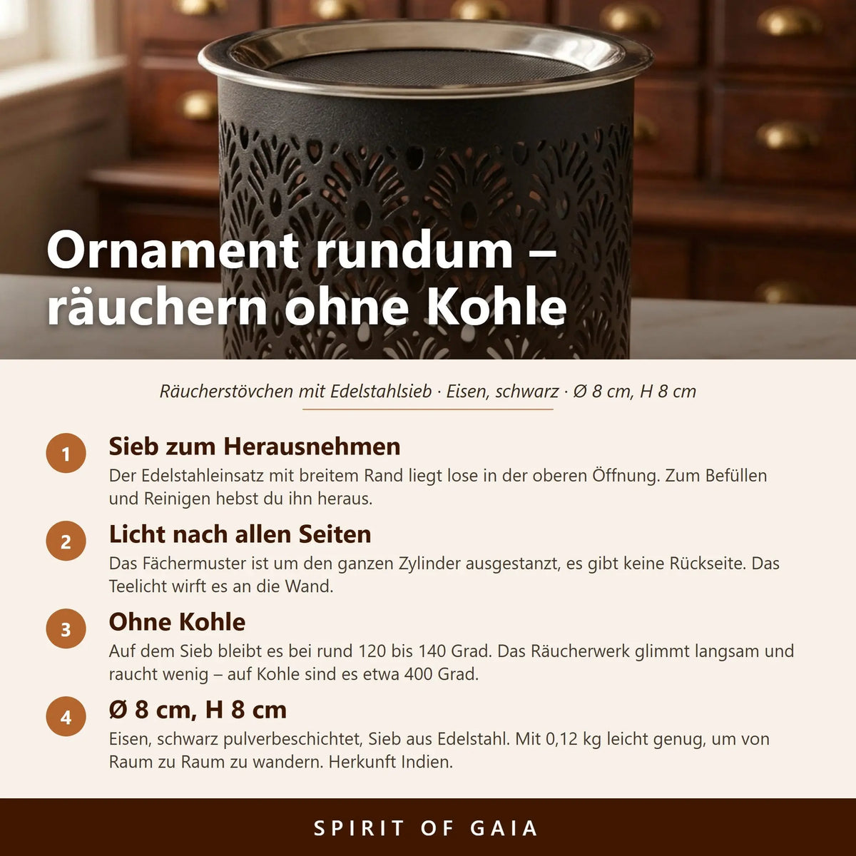 Infografik zum Siebgefäß Ornament mit vier Punkten zu Sieb, Lichtspiel, Temperatur und Maßen