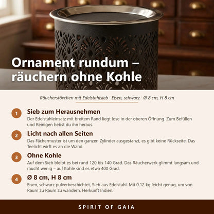 Infografik zum Siebgefäß Ornament mit vier Punkten zu Sieb, Lichtspiel, Temperatur und Maßen