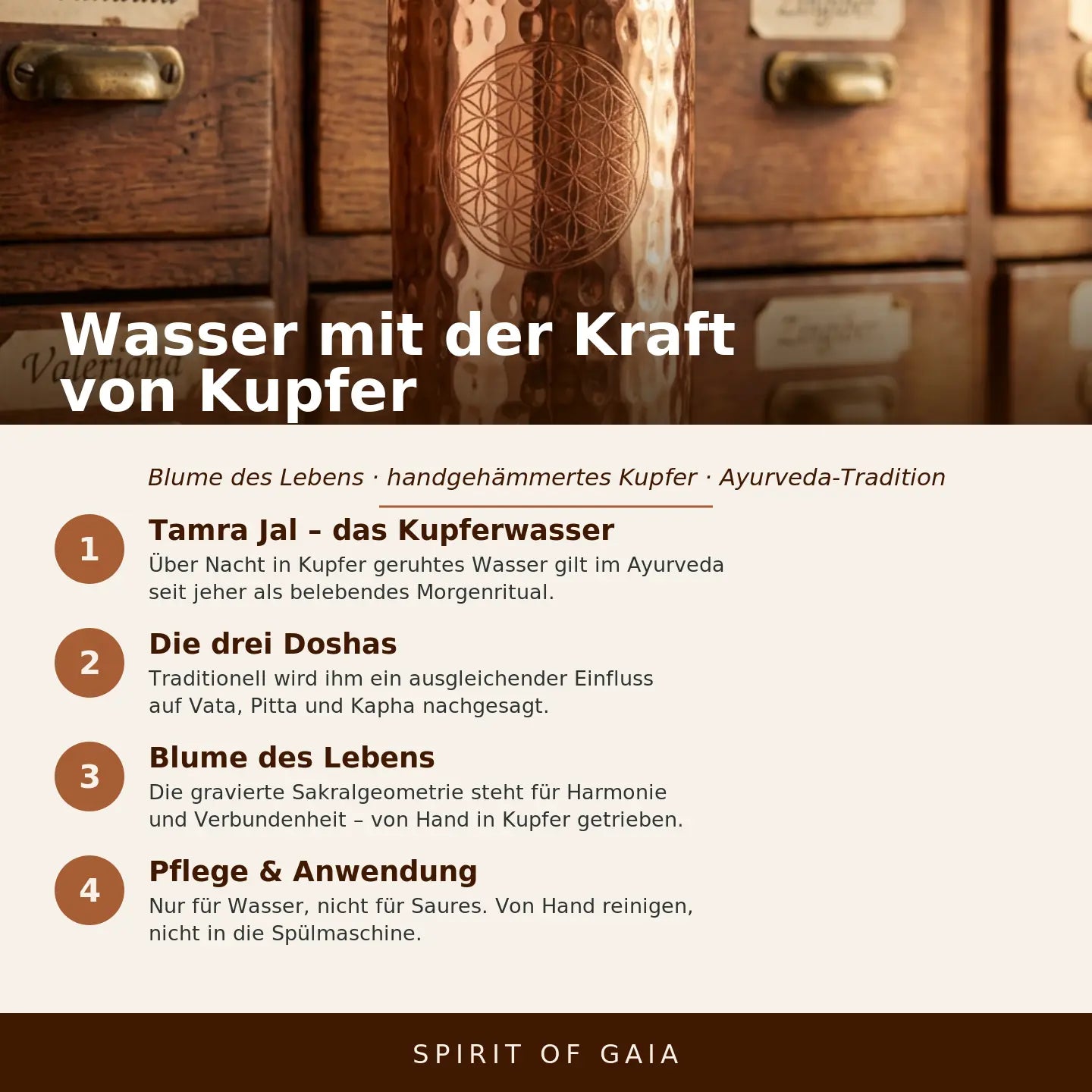Infografik: Wasser mit der Kraft von Kupfer – Blume des Lebens, Spirit of Gaia
