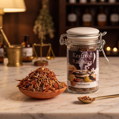 Meditation, Räuchermischung der Reihe Kraftvoll Räuchern von Berk, 60 ml im Bügelglas: Glas auf der Marmortheke einer alten Apotheke am Abend, davor eine Terracottaschale mit der losen Mischung und ein Messinglöffel – Spirit of Gaia