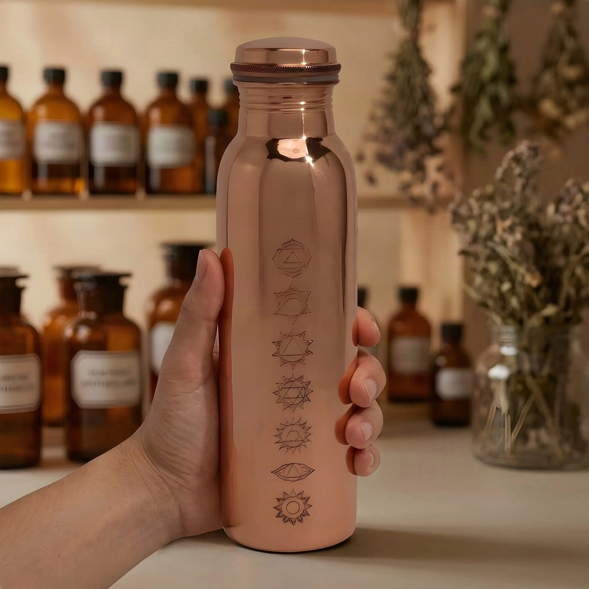 Hand hält die polierte Kupfer-Trinkflasche mit Chakren-Gravur vor einem Apothekerschrank