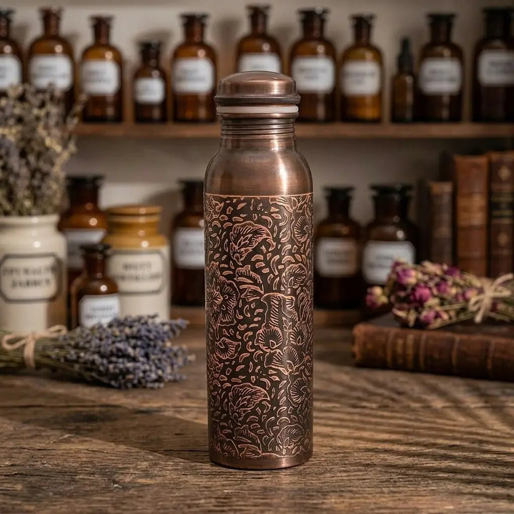 Antike Kupfer-Trinkflasche mit Blumenmuster aus seitlichem Blickwinkel im Apothekerregal