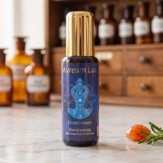 Energiespray Aureum Lux Urvertrauen: Sprühflasche aus Violettglas auf Marmortheke vor Apothekerschrank, daneben ein Karneol und ein Rosmarinzweig – Spirit of Gaia