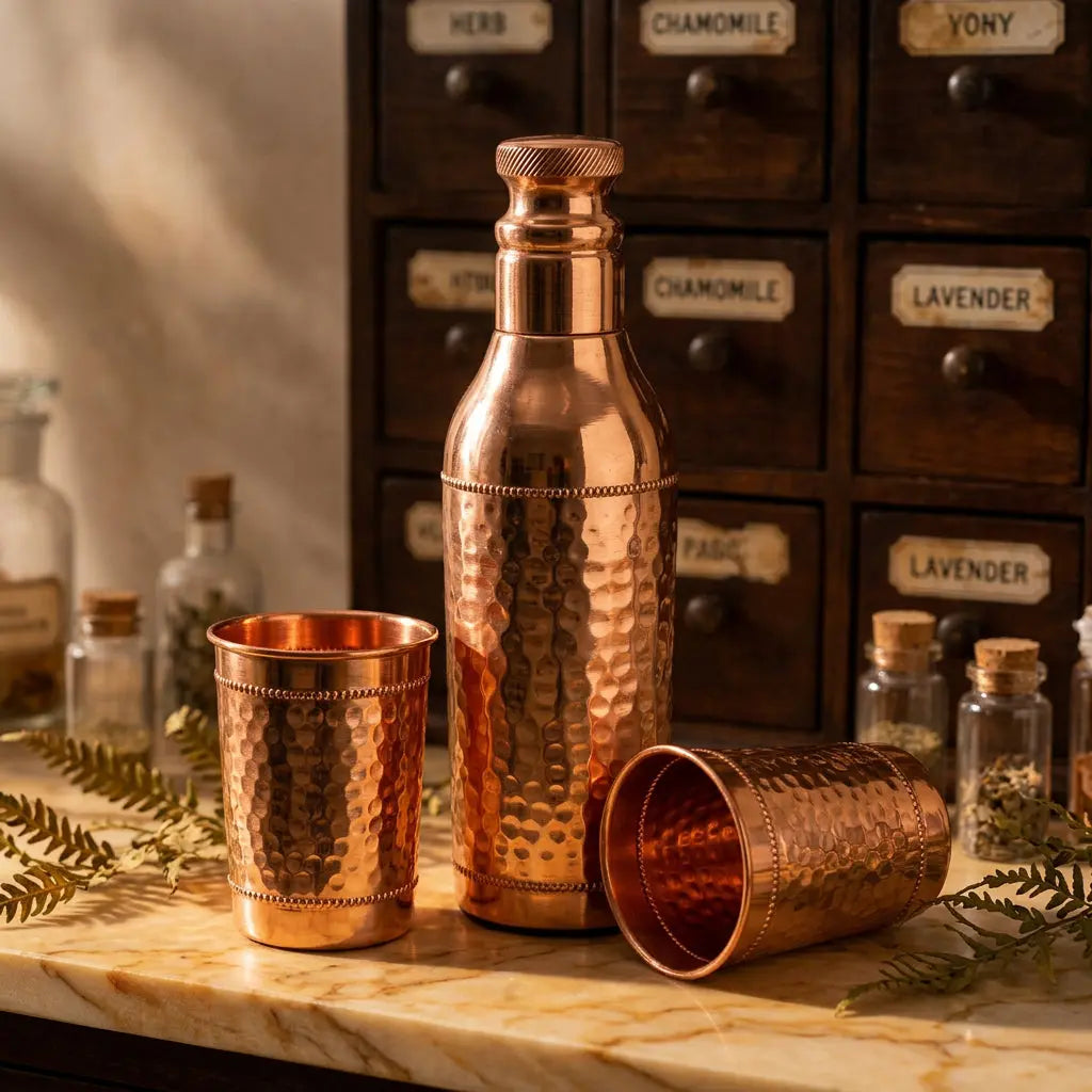 Gehämmertes Kupfer-Trinkset Ayurveda – Flasche und zwei Becher vor Apothekerschrank