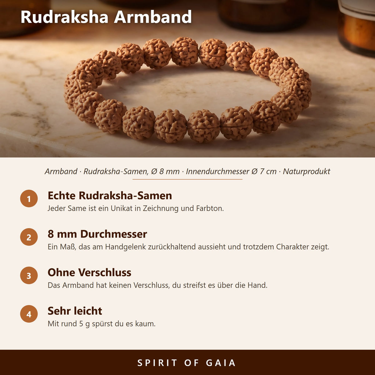 Übersicht zum Rudraksha Armband: echte Rudraksha-Samen, 8 mm, ohne Verschluss, sehr leicht