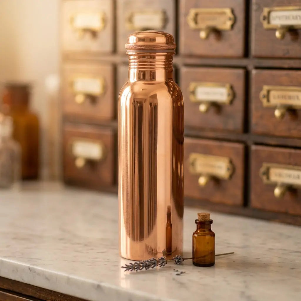 Glatt polierte Kupfer-Trinkflasche auf Marmortheke vor Apothekerschrank – Spirit of Gaia