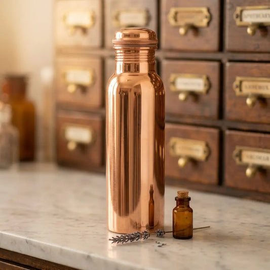 Glatt polierte Kupfer-Trinkflasche auf Marmortheke vor Apothekerschrank – Spirit of Gaia