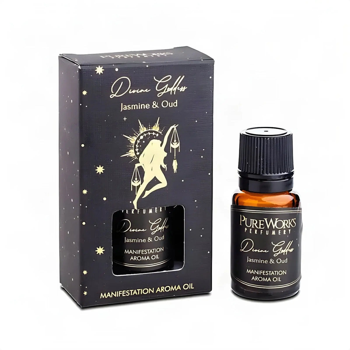 Aromaöl Divine Goddess (Jasmin & Oud), Fläschchen und Schachtel, freigestellt auf Weiß