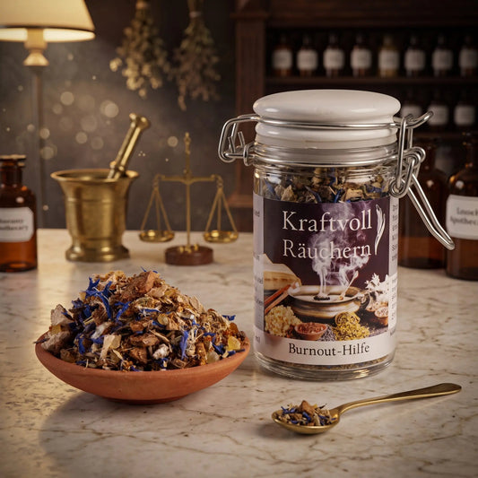 Burnout-Hilfe, Räuchermischung der Reihe Kraftvoll Räuchern von Berk, 60 ml im Bügelglas: Glas auf der Marmortheke einer alten Apotheke am Abend, davor eine Terracottaschale mit der losen Mischung und ein Messinglöffel – Spirit of Gaia