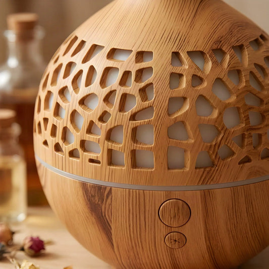 Nahaufnahme des durchbrochenen Musters und der beiden Tasten am Aroma Diffuser Deco Round