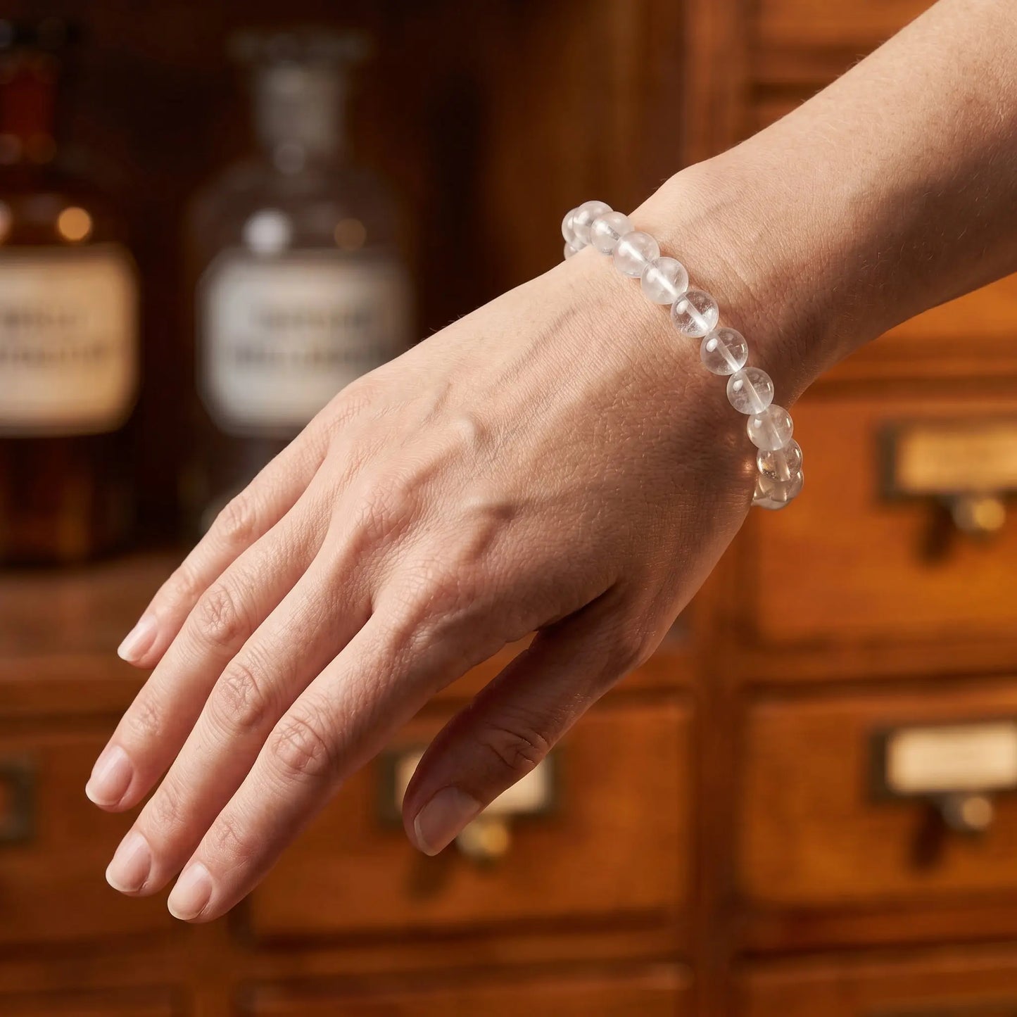 Bergkristall Armband am Handgelenk getragen – natürliche Trageansicht