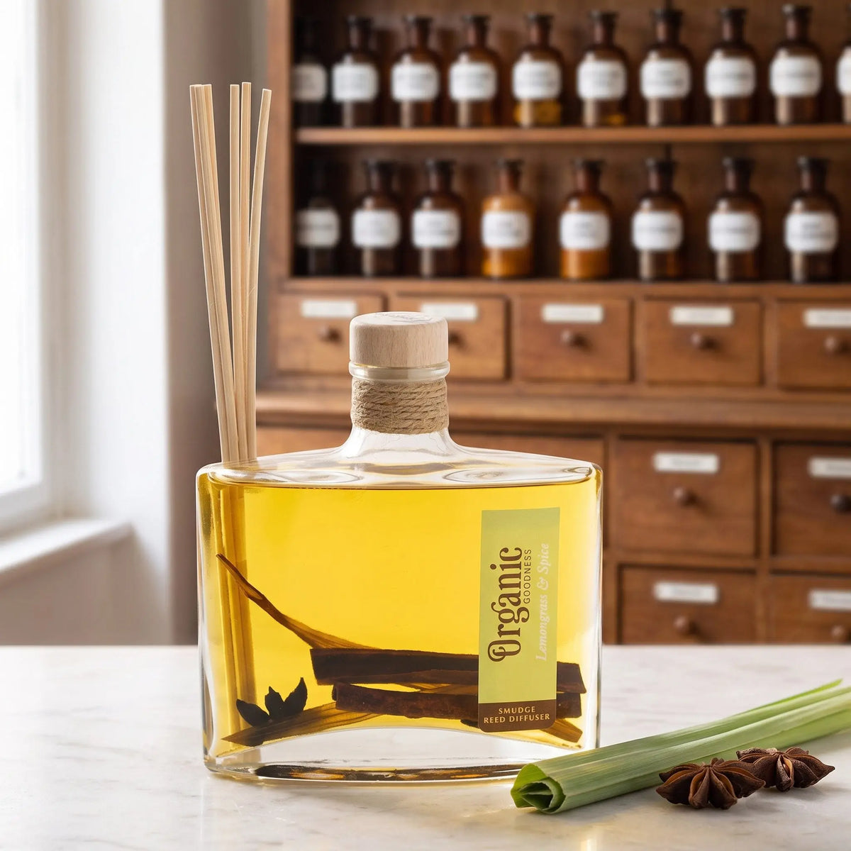 Reed Diffuser Zitronengras und Gewürze von Organic Goodness: eckige Glasflasche mit Holzstopfen, Jutekordel und Schilfrohrstäbchen auf einer Marmortheke vor einem Apothekerschrank