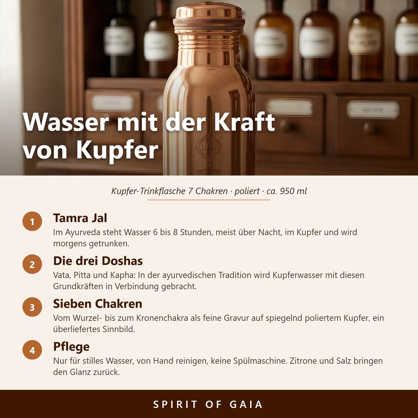 Infografik: Wasser mit der Kraft von Kupfer – Tamra-Jal-Ritual, sieben Chakren und Pflege der Kupferflasche