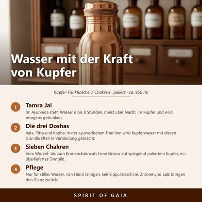 Infografik: Wasser mit der Kraft von Kupfer – Tamra-Jal-Ritual, sieben Chakren und Pflege der Kupferflasche