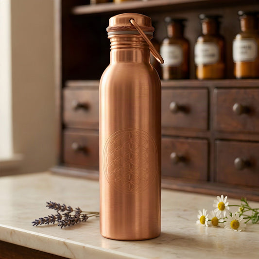 Matt gebürstete Kupfer-Trinkflasche mit Blume des Lebens und Trageöse auf Marmortheke vor Apothekerschrank – Spirit of Gaia
