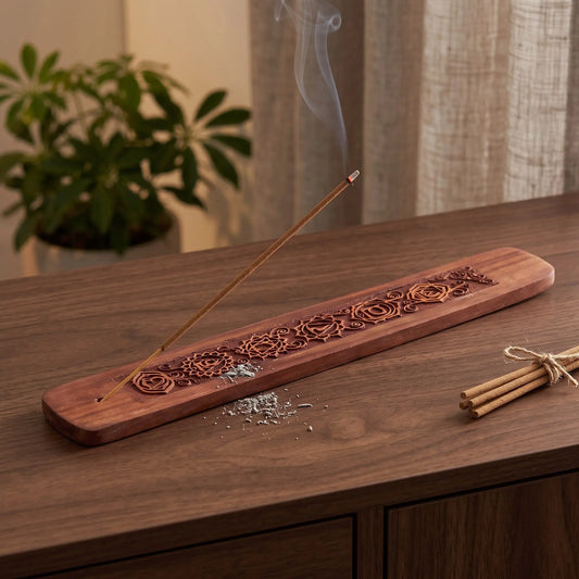Räucherstäbchenhalter 7 Chakren in Benutzung mit feinem Rauch auf einem dunklen Holz-Sideboard am Abend