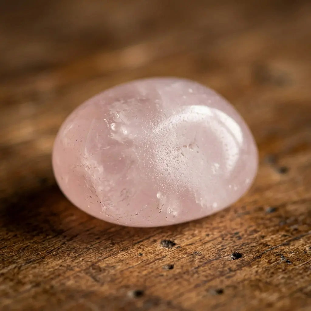 Rosenquarz Trommelstein – Detail-Makro der rosa Oberfläche