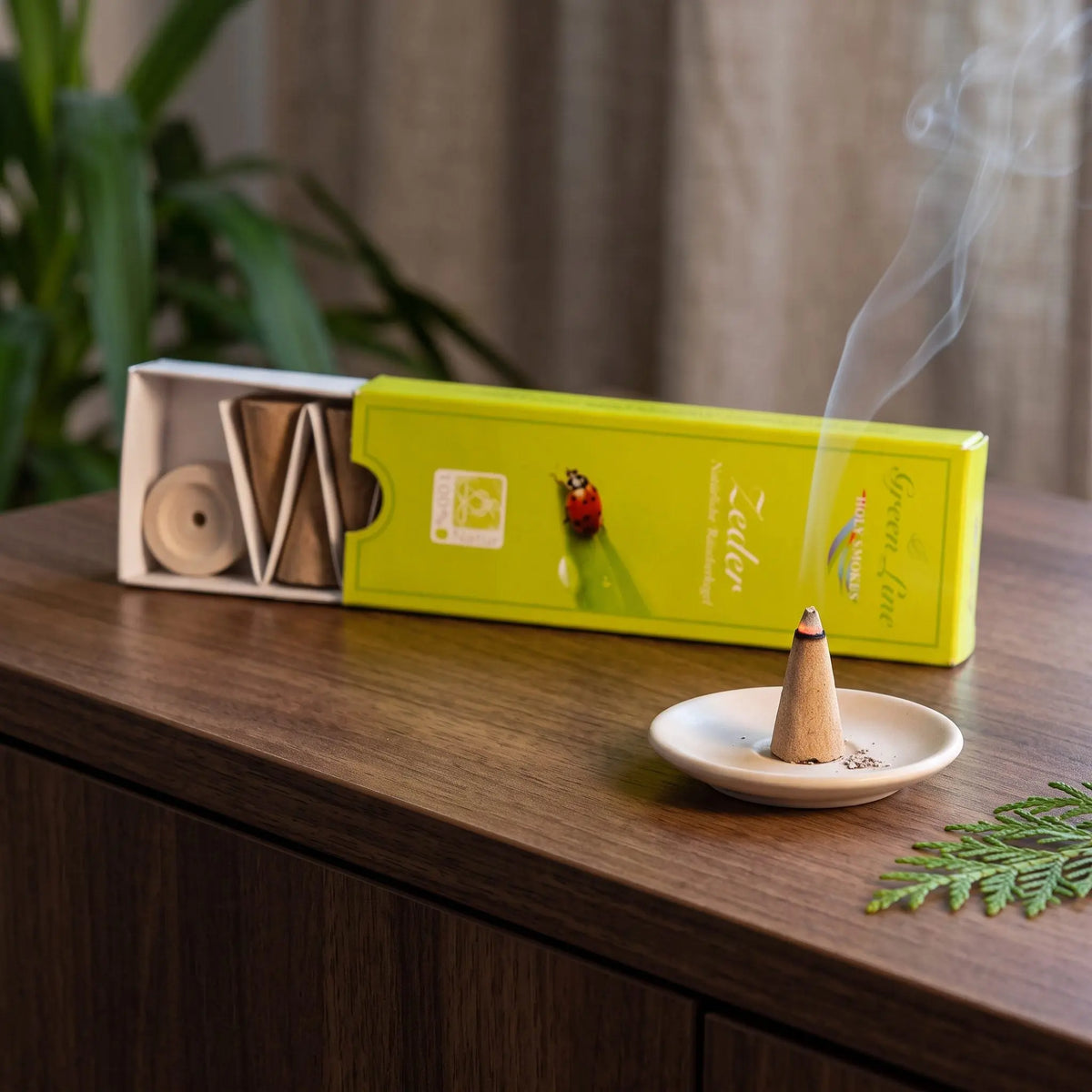 Zeder Räucherkegel naturrein, Holy Smokes Green Line: glimmender Räucherkegel mit feinem Rauch auf einem Keramiktellerchen, dahinter die geöffnete Packung, auf einem Sideboard am Abend