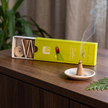 Zeder Räucherkegel naturrein, Holy Smokes Green Line: glimmender Räucherkegel mit feinem Rauch auf einem Keramiktellerchen, dahinter die geöffnete Packung, auf einem Sideboard am Abend