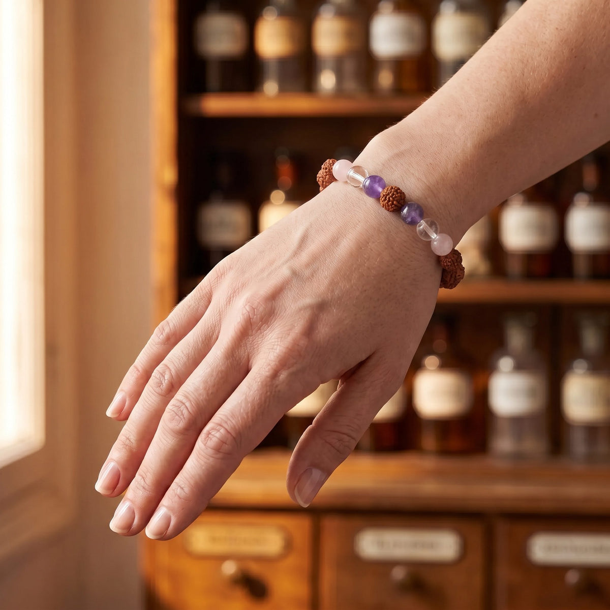 Das Rudraksha Armband mit Amethyst, Bergkristall und Rosenquarz am Handgelenk