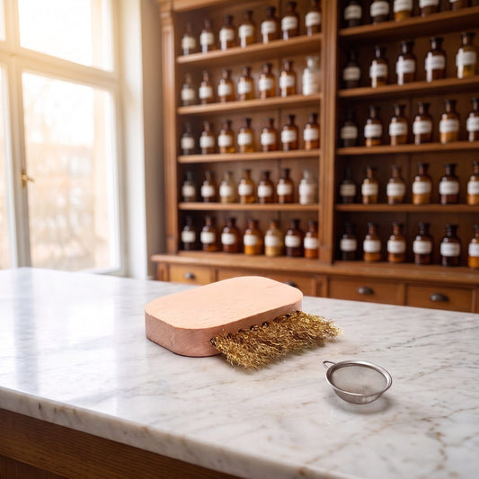 Bürste zur Reinigung der Räuchergefäss-Siebe auf einer Marmortheke vor einem Apothekerschrank – Spirit of Gaia