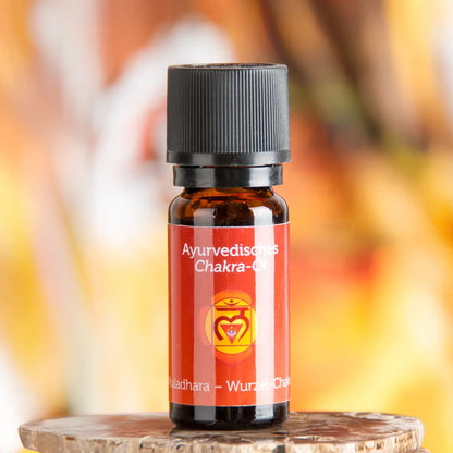 Ayurvedisches Chakra-Öl Muladhara (Wurzel-Chakra), 10-ml-Fläschchen aus Braunglas, Herstellerfoto