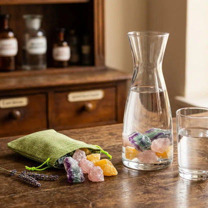 Wassersteine Guter Schlaf im Jutesäckchen mit Glaskaraffe (Steine im Wasser) und Wasserglas – Regenbogenfluorit, Rosenquarz und Orangencalcit – Spirit of Gaia