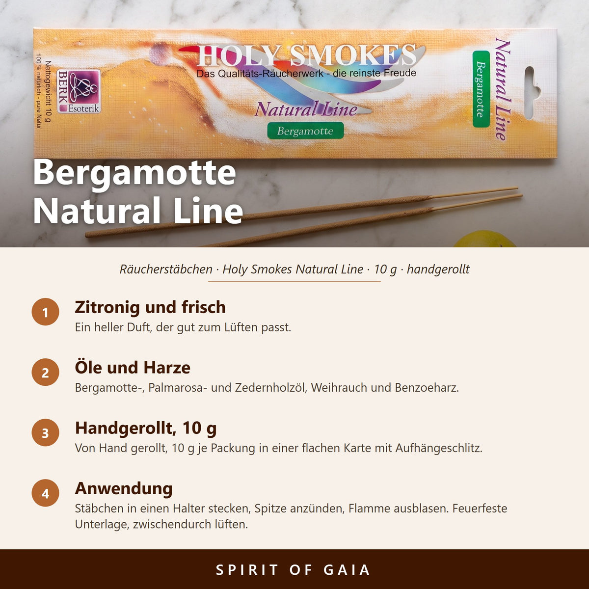 Übersicht zu Bergamotte Natural Line: Duft, Zutaten, handgerollt, 10 g, Anwendung