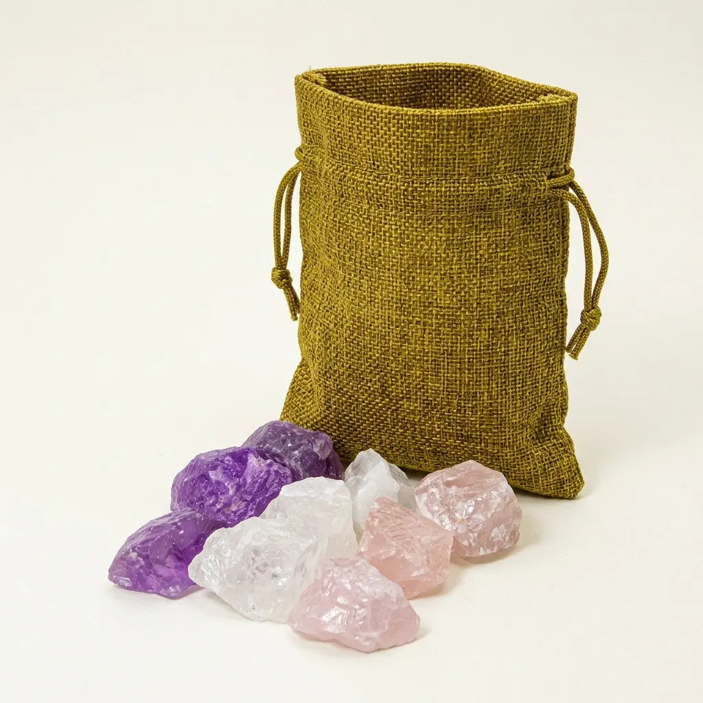 Wassersteine Grundmischung im Jutesäckchen mit Amethyst, Rosenquarz und Bergkristall vor hellem Hintergrund – Spirit of Gaia