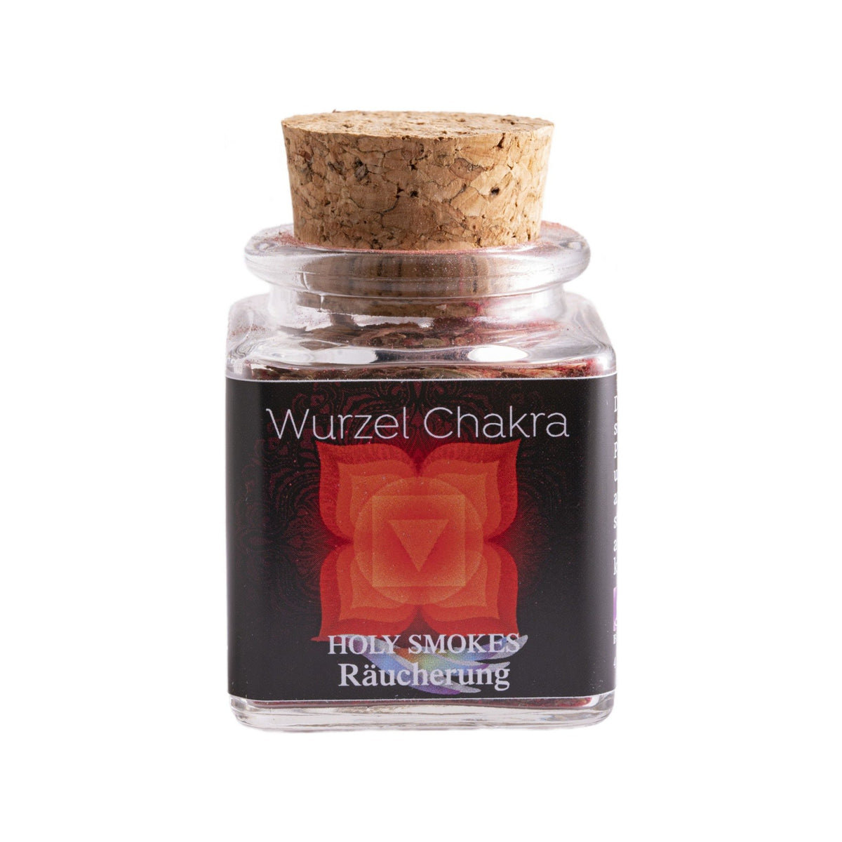 Wurzelchakra, Chakra-Räuchermischung von Berk, 50 ml im Korkglas: Korkglas mit schwarzem Chakra-Etikett, freigestellt auf Weiß