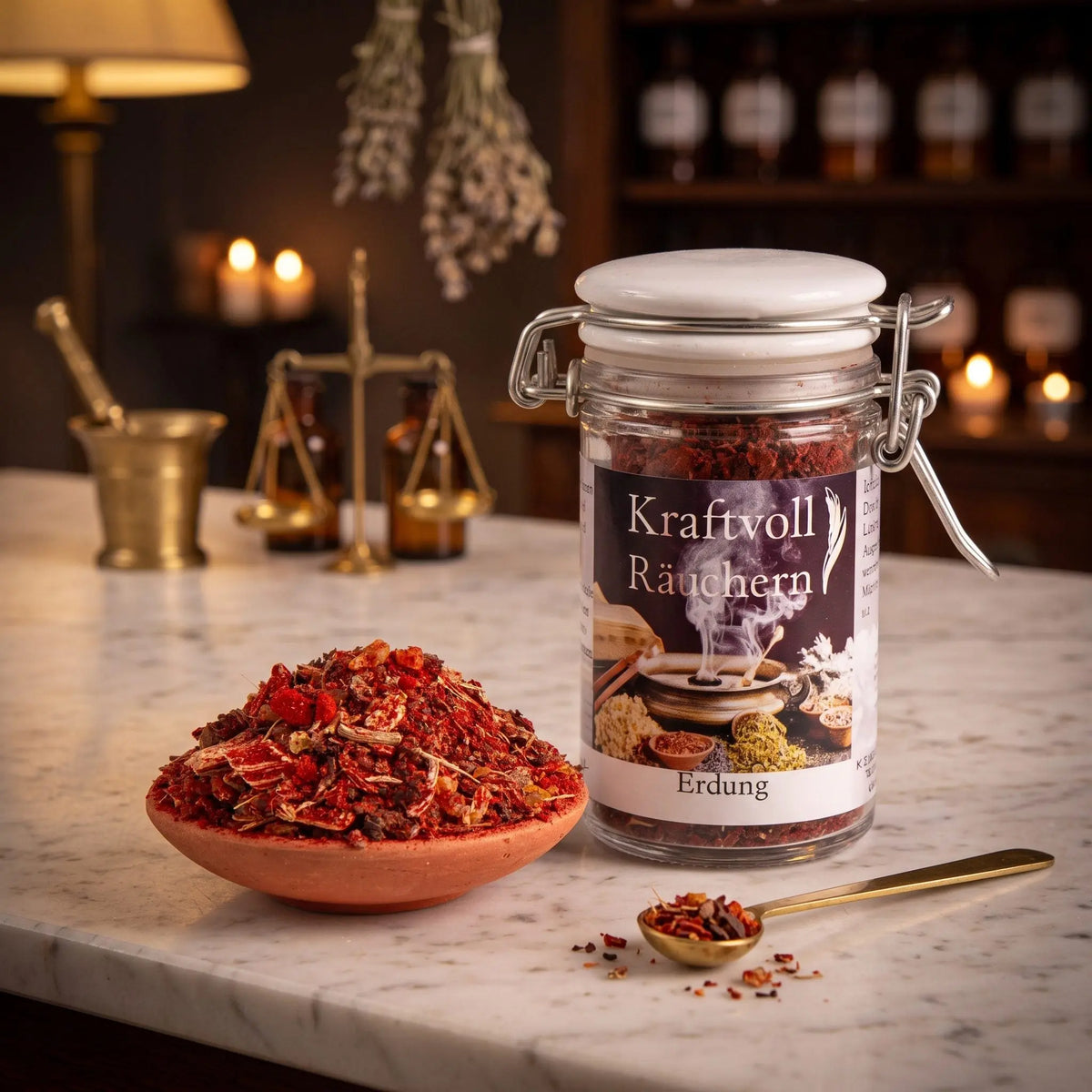 Erdung, Räuchermischung der Reihe Kraftvoll Räuchern von Berk, 60 ml im Bügelglas: Glas auf der Marmortheke einer alten Apotheke am Abend, davor eine Terracottaschale mit der losen Mischung und ein Messinglöffel – Spirit of Gaia