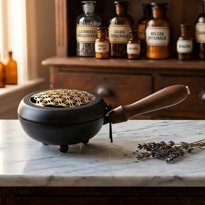 Schwarzes Räuchergefäß mit goldfarbener Blume des Lebens im Klappdeckel auf einer Marmortheke vor einem Apothekerschrank