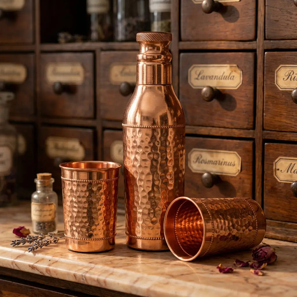 Gehämmertes Kupfer-Trinkset Ayurveda – Flasche und zwei Becher im Apotheker-Look