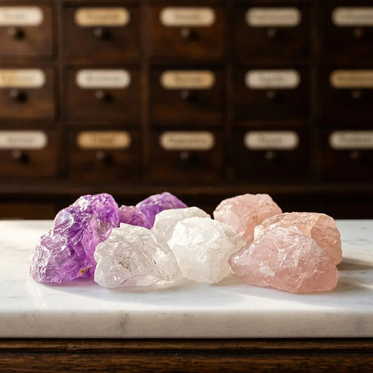 Naturbelassene Rohsteine der Wassersteine Grundmischung: Amethyst, Rosenquarz und Bergkristall in Nahaufnahme – Spirit of Gaia