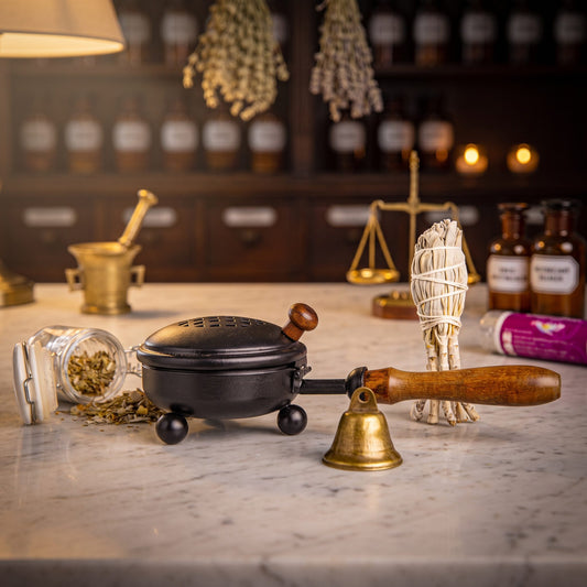 Set Energetische Hausreinigung von Berk, Inhalt: Eisenpfanne mit Holzstiel, Bündel weißer Salbei, Räuchermischung Hausreinigung im Bügelglas, Glöckchen und Kohletabletten auf der Marmortheke – Spirit of Gaia