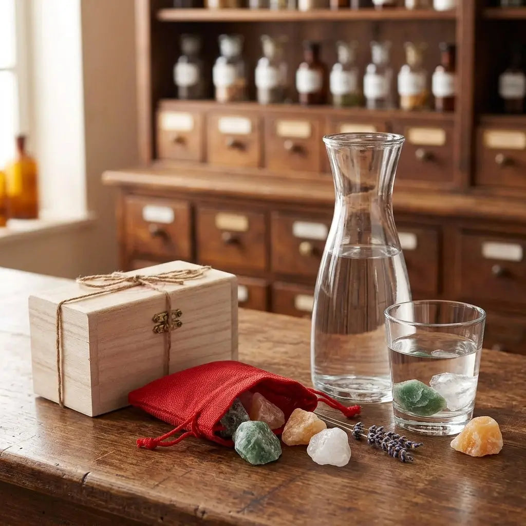 Wassersteine Kraft und Mut im Holzkästchen mit Glaskaraffe und Wasserglas, Rohsteine im Wasser – Spirit of Gaia