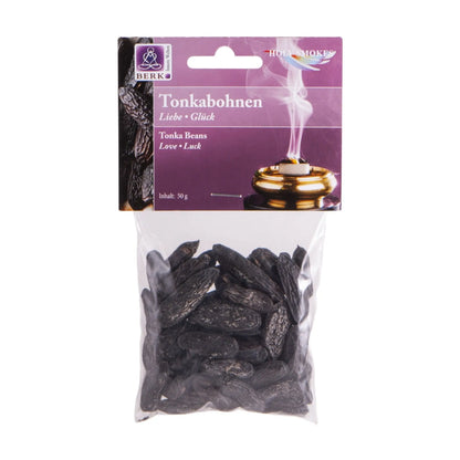 Tonkabohnen, sortenreines Räucherwerk von Berk, 50 g: Tüte mit violettem Kartonkopf, freigestellt auf Weiß