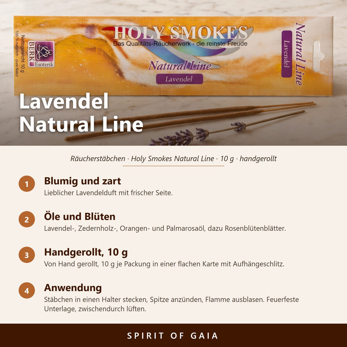 Übersicht zu Lavendel Natural Line: Duft, Zutaten, handgerollt, 10 g, Anwendung