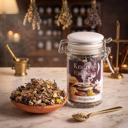 Geborgenheit, Räuchermischung der Reihe Kraftvoll Räuchern von Berk, 60 ml im Bügelglas: Glas auf der Marmortheke einer alten Apotheke am Abend, davor eine Terracottaschale mit der losen Mischung und ein Messinglöffel – Spirit of Gaia