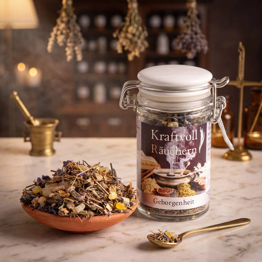 Geborgenheit, Räuchermischung der Reihe Kraftvoll Räuchern von Berk, 60 ml im Bügelglas: Glas auf der Marmortheke einer alten Apotheke am Abend, davor eine Terracottaschale mit der losen Mischung und ein Messinglöffel – Spirit of Gaia