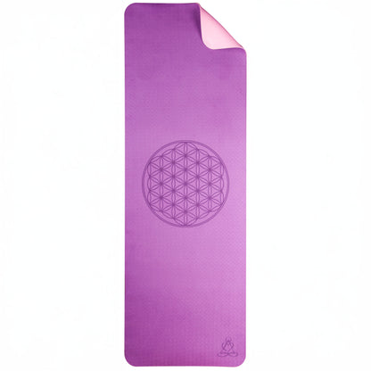 EcoBalance Yogamatte TPE – 6 mm | ultraleicht 360 g | Blume des Lebens | dunkellila / zartlila | inkl. Tragegurt