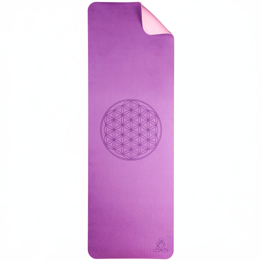 EcoBalance Yogamatte TPE – 6 mm | ultraleicht 360 g | Blume des Lebens | dunkellila / zartlila | inkl. Tragegurt
