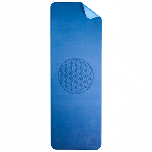 EcoBalance Yogamatte TPE – 6 mm | ultraleicht 360 g | Blume des Lebens | dunkel-/hellblau | inkl. Tragegurt