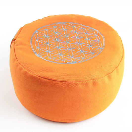 Blume des Lebens Meditationskissen – Orange, Bio-Buchweizenfüllung - Baumwollbezug - Yoga, Achtsamkeit & energetischen Schutz