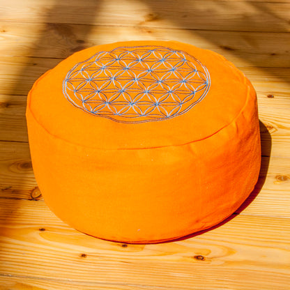 Blume des Lebens Meditationskissen – Orange, Bio-Buchweizenfüllung - Baumwollbezug - Yoga, Achtsamkeit & energetischen Schutz