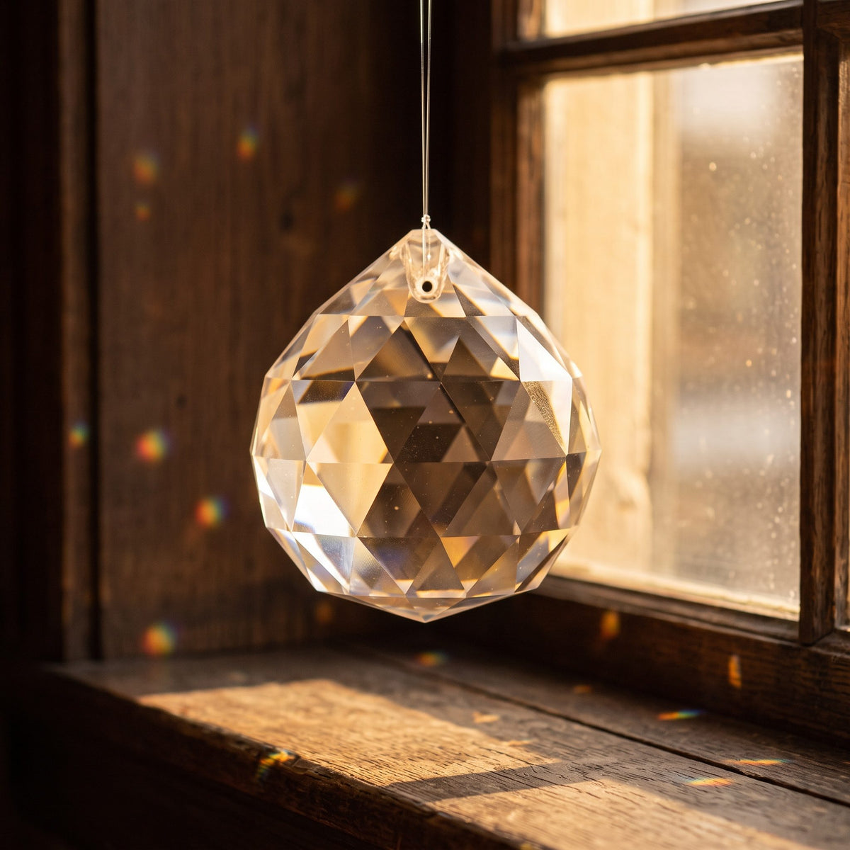 Regenbogenkristall-Kugel Ø 50 mm hängt am Faden vor dem Fenster im Sonnenlicht