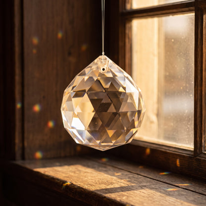 Regenbogenkristall-Kugel Ø 50 mm hängt am Faden vor dem Fenster im Sonnenlicht